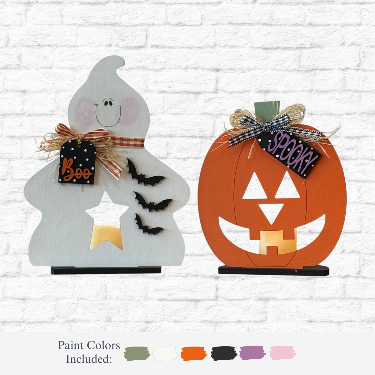 The Rustic Rhode DIY Halloween Votive Holders feature a ghost with a Boo sign and bats, and an orange pumpkin with a Spooky sign—perfect as DIY décor or for pairing with LED votive candles. Paint color samples shown below.