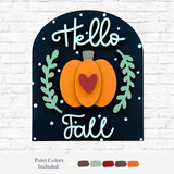 The Rustic Rhodes DIY Hello Fall Arch Insert features “Hello Fall” in white script with an orange pumpkin, red heart, and green leaves on a black background—ideal autumn décor, plus paint color swatches shown below.