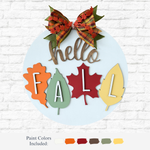 The Rustic Rhode’s DIY Hello Fall Door Hanger kit includes a decorative sign with a plaid bow, “hello,” and leaves spelling “FALL,” plus paint options in orange, cream, green, red, yellow, brown, and gold.