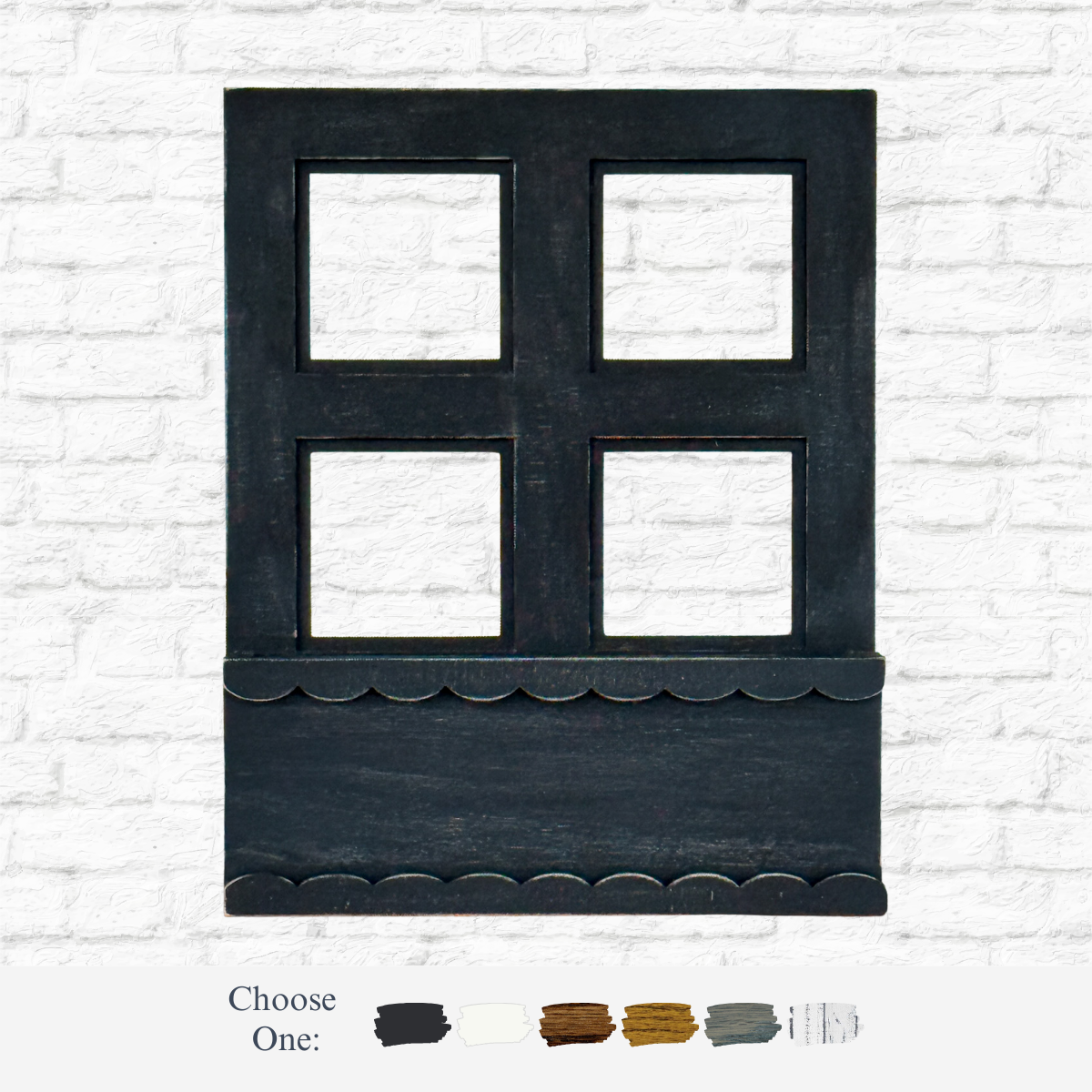 The Rustic Rhode DIY Interchangeable Window Frame features a black, four-pane wood design with a scalloped planter box, shown on a white brick wall. Six color swatches and “Choose One:” indicate your customization options.