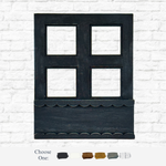 The Rustic Rhode DIY Interchangeable Window Frame features a black, four-pane wood design with a scalloped planter box, shown on a white brick wall. Six color swatches and “Choose One:” indicate your customization options.