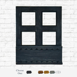 The Rustic Rhode DIY Interchangeable Window Frame features a black, four-pane wood design with a scalloped planter box, shown on a white brick wall. Six color swatches and “Choose One:” indicate your customization options.
