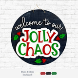 The Rustic Rhode DIY Jolly Chaos Door Hanger features “welcome to our JOLLY CHAOS” in festive red, green, and white with holly accents. Hung on a white brick wall, it’s perfect for your Warwick RI studio—paint colors included!.