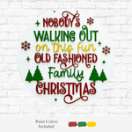 The Rustic Rhode DIY Nobody's Walking Out Door Hanger features festive text, green trees, red snowflakes, and comes with white, green, red, and yellow paint for a fun holiday decoration.