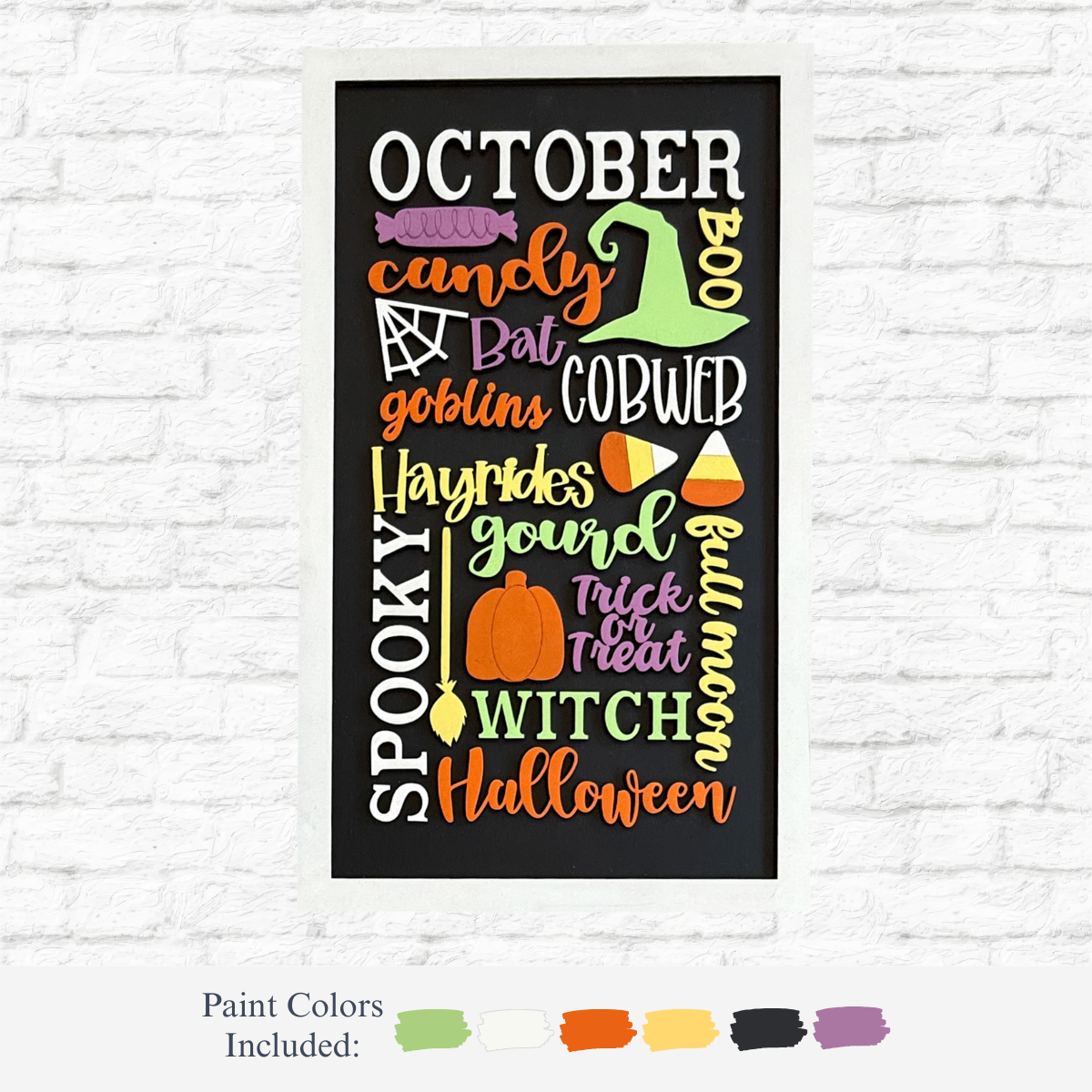 The Rustic Rhode’s DIY October Sign Collage is a chalkboard-style sign featuring colorful Halloween images like a witch hat, pumpkin, and candy, plus paint swatches below to inspire your own festive decor or craft kit project.