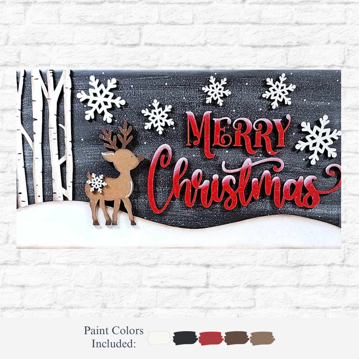 The Rustic Rhode's DIY Oh Deer Mantle Sign features "Merry Christmas" in red script, a reindeer, white snowflakes, and birch trees on a snowy black background. Paint colors used: white, red, black, brown, and beige.