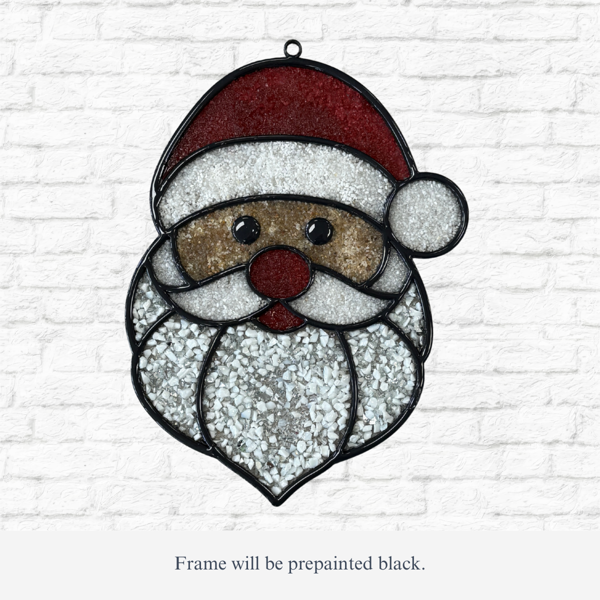 The Rustic Rhode DIY Santa Faux Suncatcher features red, white, brown, and clear glass in a Santa design. Display on a white brick wall or use as a Warwick RI craft or holiday decor kit. Frame will be repainted black.