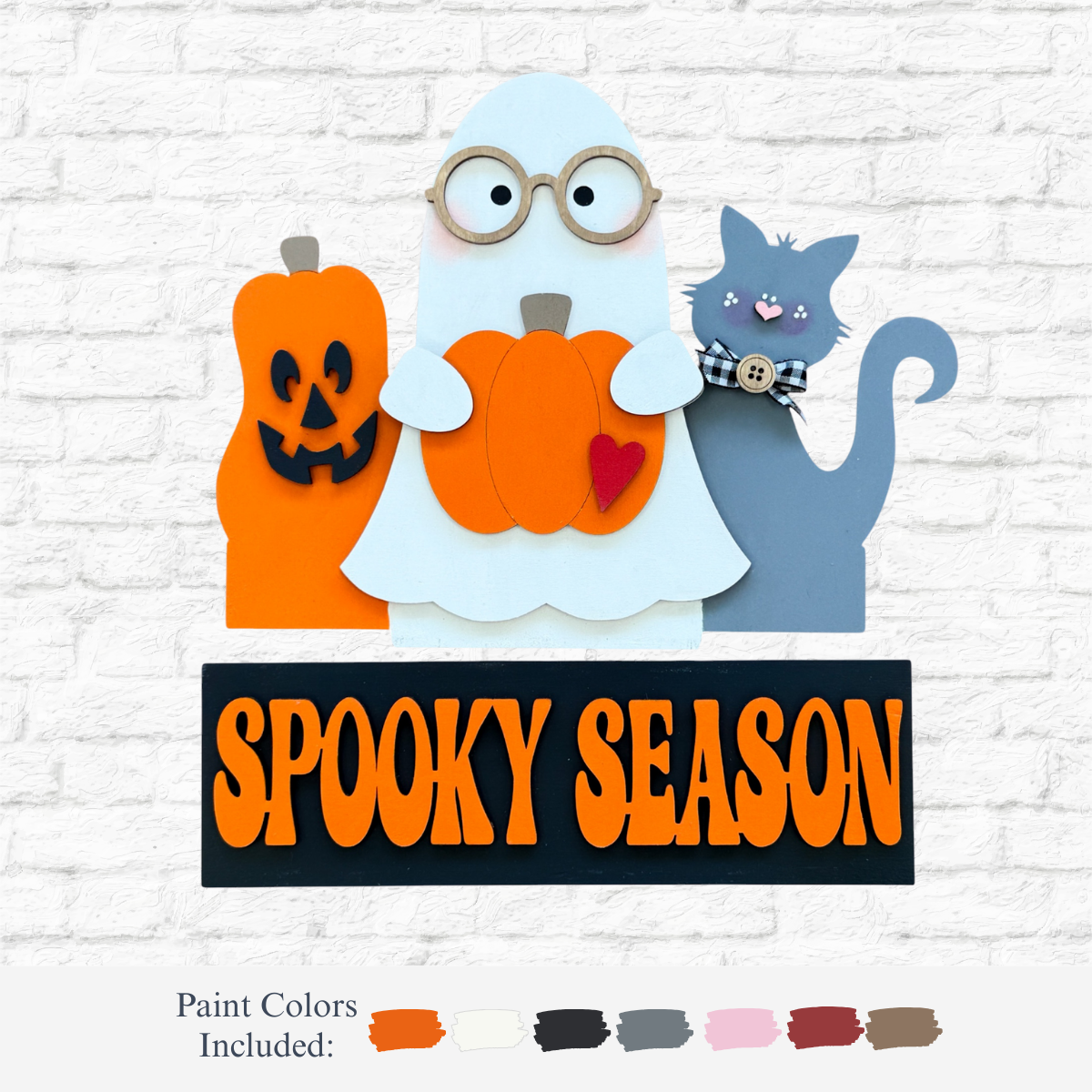 A ghost with glasses holds a pumpkin beside a jack-o’-lantern and gray cat above an orange “Spooky Season” sign—The Rustic Rhode’s DIY Spooky Season 2 Piece Insert, perfect handmade décor for your Interchangeable Window Frame. Paint swatches below.