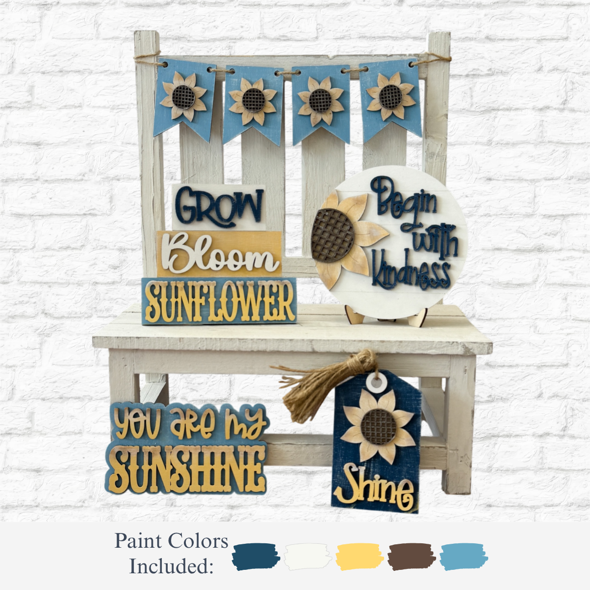 The Rustic Rhode’s DIY Sunflower Tiered Tray Set features sunflower and positive message designs on wooden decor in blue, yellow, and natural tones. Perfect for sunflower home decor or tiered trays. Paint color samples shown below.