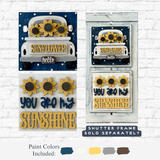 The Rustic Rhode DIY Sunflower Interchangeable 4.25 Inserts feature vintage truck and sunflower designs with sayings like SUNFLOWER hello and YOU ARE MY SUNSHINE, shown on a white brick background with paint color swatches below.