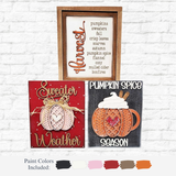 The Rustic Rhodes DIY Sweater Weather Sign Trio features three autumn-themed signs: a sweater-patterned pumpkin, a framed Harvest script with fall words, and a pumpkin mug for Pumpkin Spice Season. Paint colors shown below.