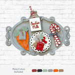 The Rustic Rhode DIY Vintage Santa Milk & Cookies Tray is an oval wooden sign kit with painted Christmas motifs—Santa's milk, candy canes, cookies, carrot, and gift tag—perfect for a festive holiday family craft. Paint swatches shown below.