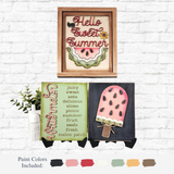 The Rustic Rhode DIY Watermelon Sign Trio includes a framed Hello Sweet Summer sign, popsicle watermelon painting, and green sign with watermelon words plus paint—ideal for a fun, personalized summer home decor craft kit.