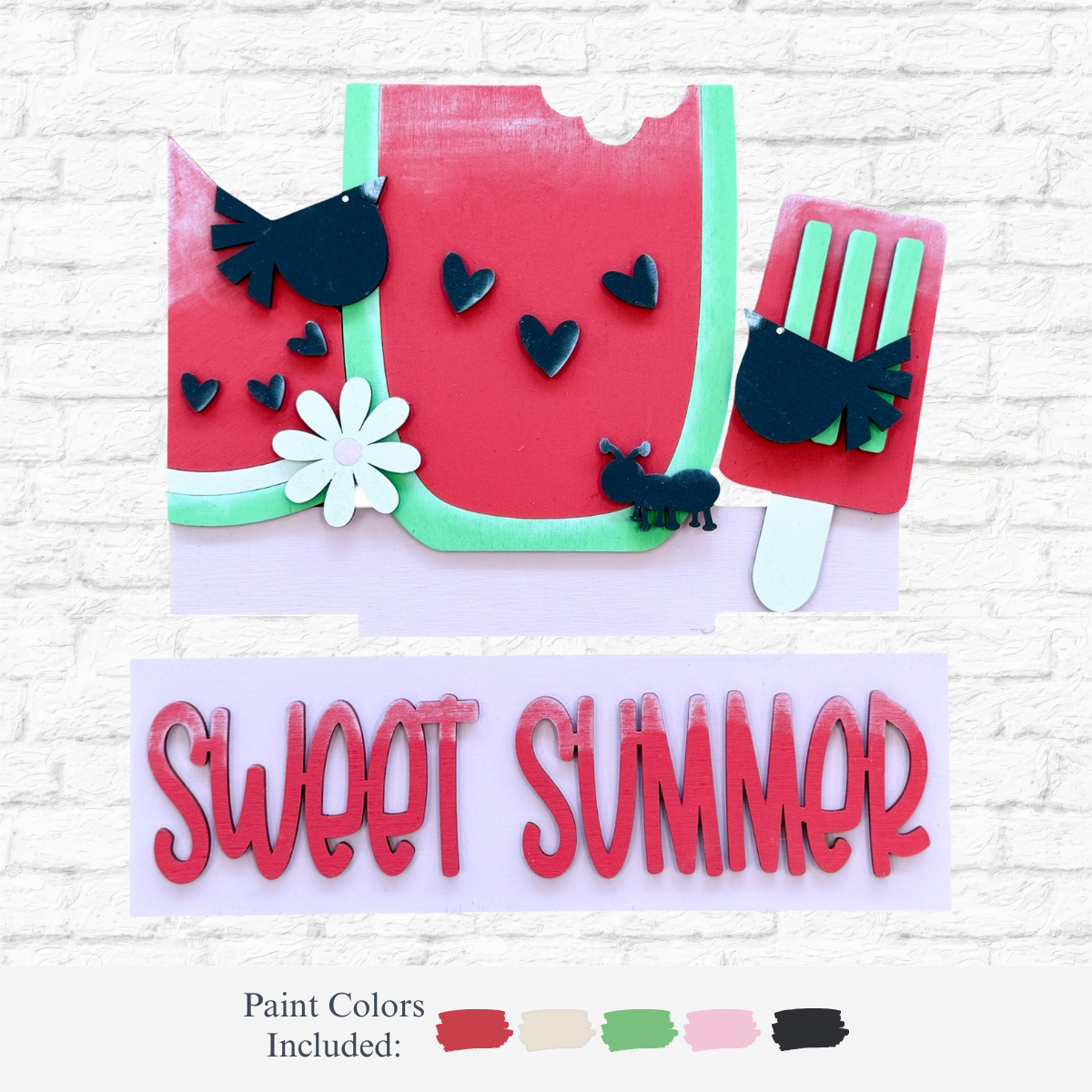 The Rustic Rhode’s DIY Watermelon Summer 2 Piece Insert features a watermelon slice with black birds, ants, hearts, a white flower, red spatula, and “Sweet Summer” text—ideal for your Breadboard Frame summer décor.