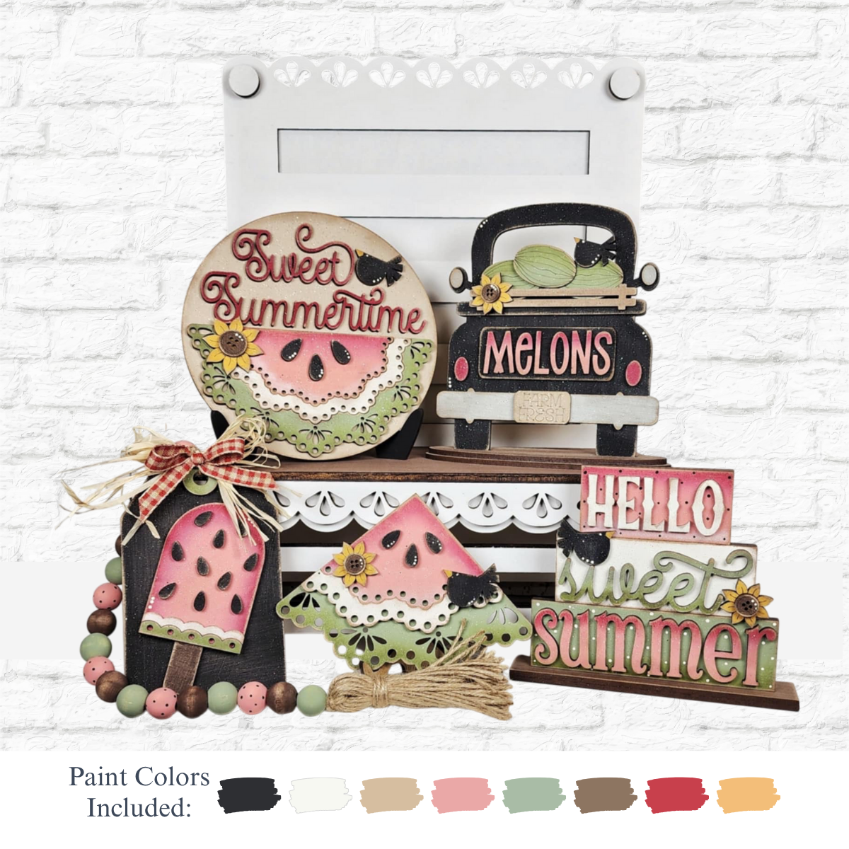 The Rustic Rhode DIY Watermelon Tiered Tray Kit includes painted wooden pieces—watermelons, popsicle, vintage truck, and sweet signs. Perfect for summer craft lovers and tiered tray decor. Paint colors included.