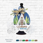 The Rustic Rhode DIY Welcome Winter Door Hanger is a snow globe-shaped craft kit with a house, trees, snowflakes, plaid bow, and "Welcome Winter" text. Includes shown paint colors; perfect for winter decorating!.