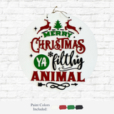 The Rustic Rhode’s DIY Ya Filthy Animal Door Hanger is a round Christmas craft kit featuring "Merry Christmas ya filthy animal" in red, green, and black with reindeer, tree, and arrows—fun movie-inspired décor. Paint colors shown below.