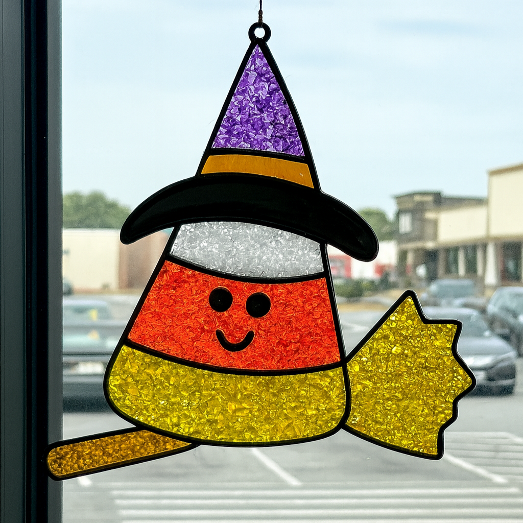 The Rustic Rhodes DIY Candy Corn Witch Faux Suncatcher hangs on a window, shaped like a smiling candy corn with a witchs hat and broom, with views of a parking lot and buildings outside.