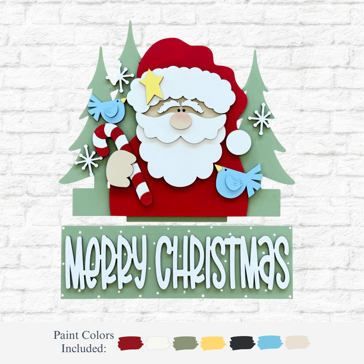 The Rustic Rhodes DIY Merry Christmas 2 Piece Insert features Santa with a candy cane, two blue birds, trees, and snowflakes. Handmade to fit an Interchangeable Window Frame with Merry Christmas in white letters. Paint colors shown below.