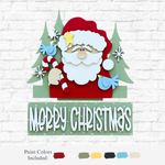 The Rustic Rhodes DIY Merry Christmas 2 Piece Insert features Santa with a candy cane, two blue birds, trees, and snowflakes. Handmade to fit an Interchangeable Window Frame with Merry Christmas in white letters. Paint colors shown below.