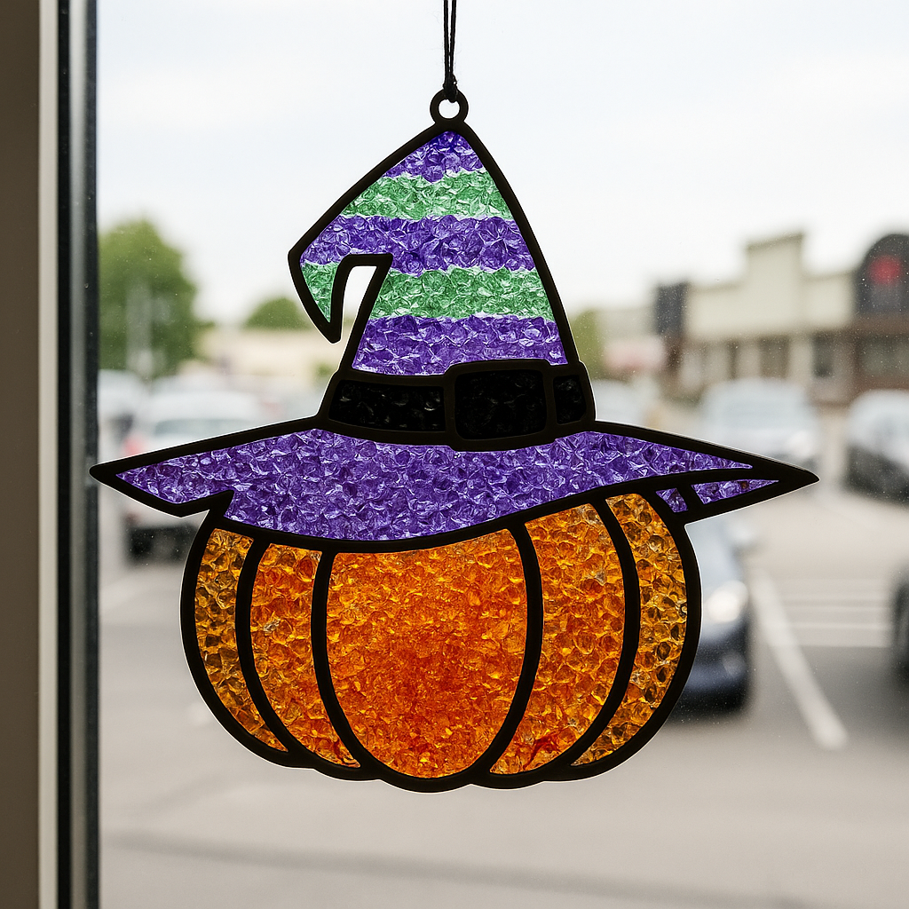 The Rustic Rhodes DIY Pumpkin Witch Faux Suncatcher, shaped like a pumpkin with a purple and green witch hat, adds charming witch-themed window decor to your space.