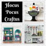 The Rustic Rhode’s Hocus Pocus Craftus Workshop showcases Halloween crafts with witch silhouettes, quotes, and vibrant designs. “Hocus Pocus Craftus” appears in bold white letters among the themed signs and decorations.