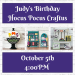 Invite friends to Judy's Birthday- Hocus Pocus Craftus Workshop by The Rustic Rhode! Purple & white design with Sanderson Sisters crafts. Join us Oct 5, 4 PM for Halloween-themed fun—perfect for fans of Hocus Pocus craft workshops!.