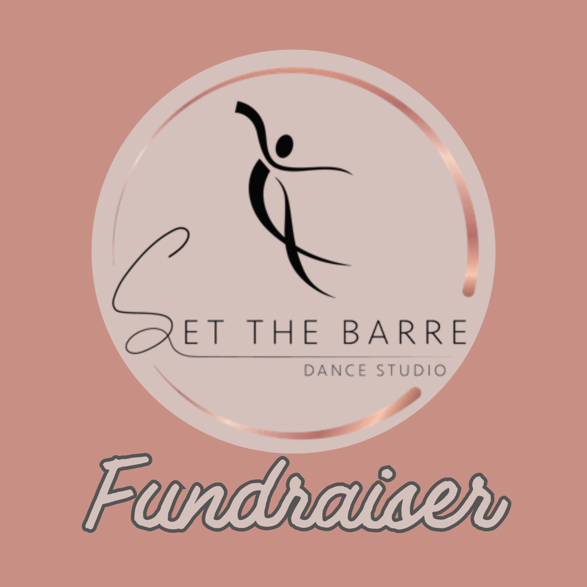 Promote your Set The Barre Fundraiser- October 25th DIY door hanger kit from The Rustic Rhode, featuring a stylized dancer in a circular frame on pink, with "Fundraiser" in bold script—a perfect choice for your next fundraiser!.