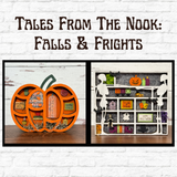 Two photos: left, a pumpkin-shaped tray with fall decor; right, a Halloween shelf with spooky accents—perfect DIY Book Nook inspo. Title: Tales From The Nook: Falls & Frights by The Rustic Rhode.