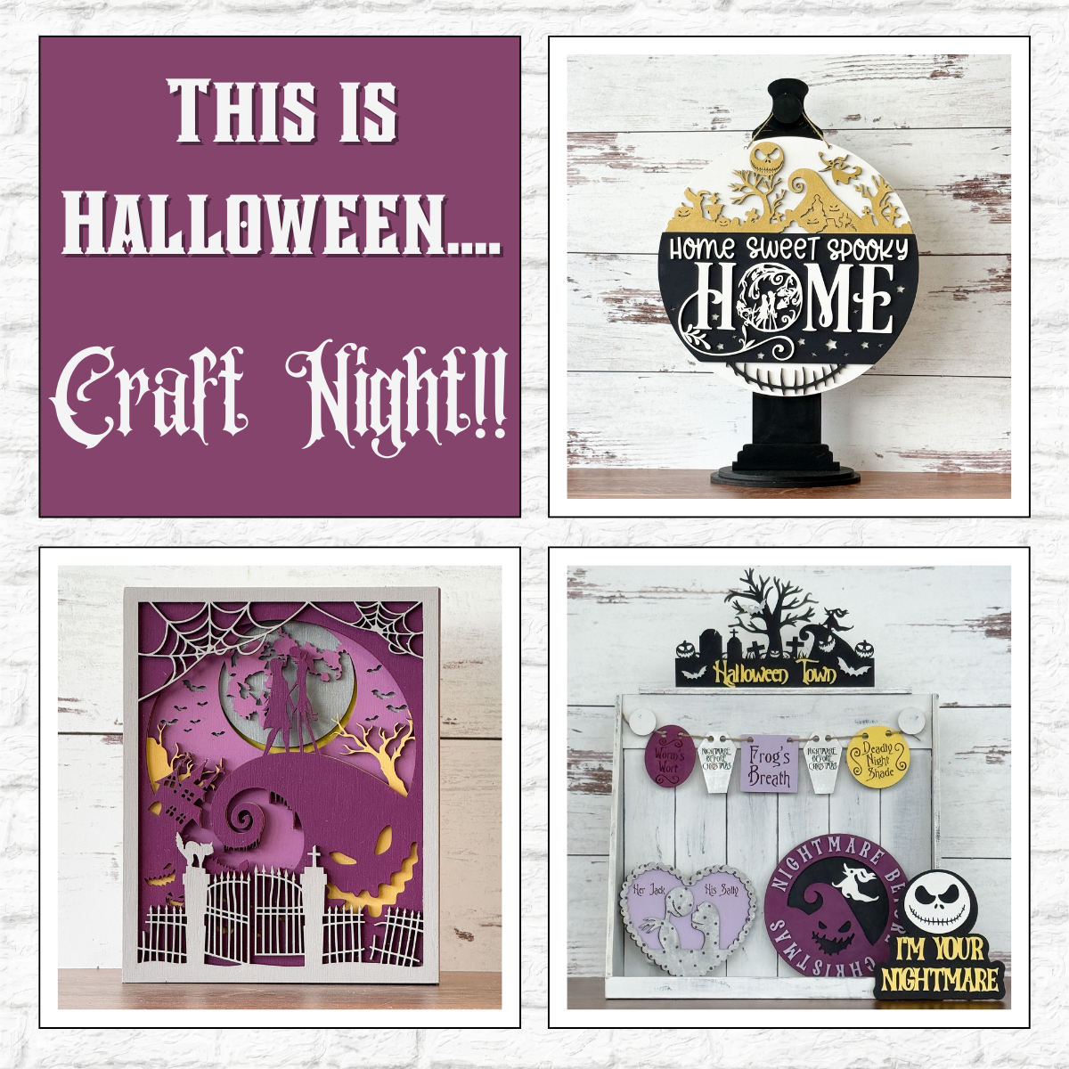 Create spooky crafts with The Rustic Rhode's "This is Halloween...Craft Night!"—featuring a haunted house sign, graveyard shadow box, and festive Halloween boards. Get inspired for your next DIY craft workshop!.